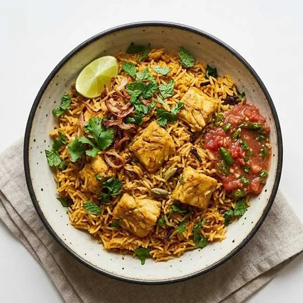 Gulf style fish biryani with mint and tomato doqoous